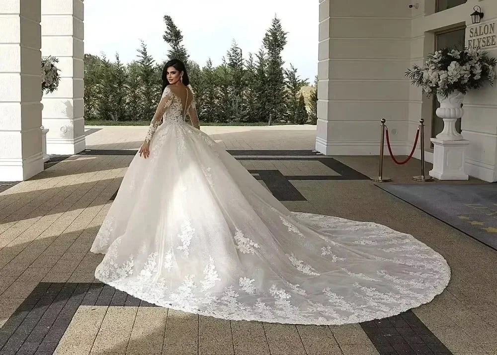 Customized Illusion Neck Church Wedding Dress Long Sleeve Robe Lace Beading Bride Dress Ball Gown Women Vestidos de novia