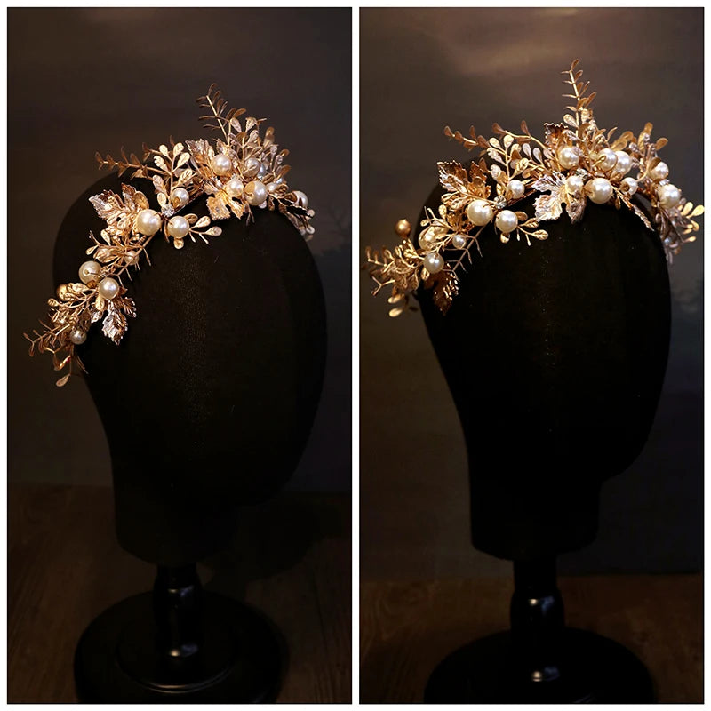 Wedding Hair Accessories Leaf Pearl Headband Gold Color Baroque Vintage Hairband For Bride Women Headpieces Crown Bridal Jewelry