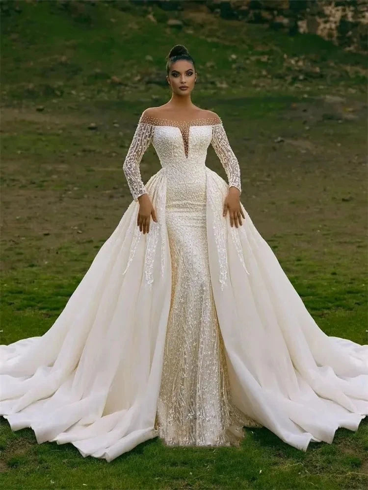 Customized Mermaid Wedding Dress with Detachable Train Long Off Shoulder Sleeves Lace Appliques Luxury Women Bride Dresses
