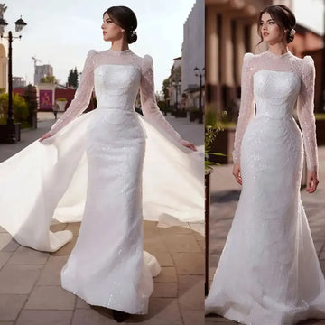 Sparkling High Neck Wedding Dresses Women Elegant Sequins Beading Long Puff Sleeves Mermaid Bridal Gowns With Detachable Train