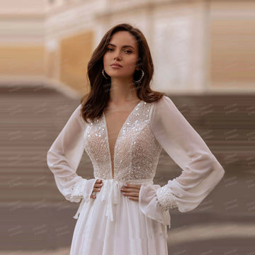 Classic A Line Wedding Dresses Woman Sexy Illusion Sequined V Neck Long Sleeve Bride Gowns Chiffon Vestidos De Novia Customized