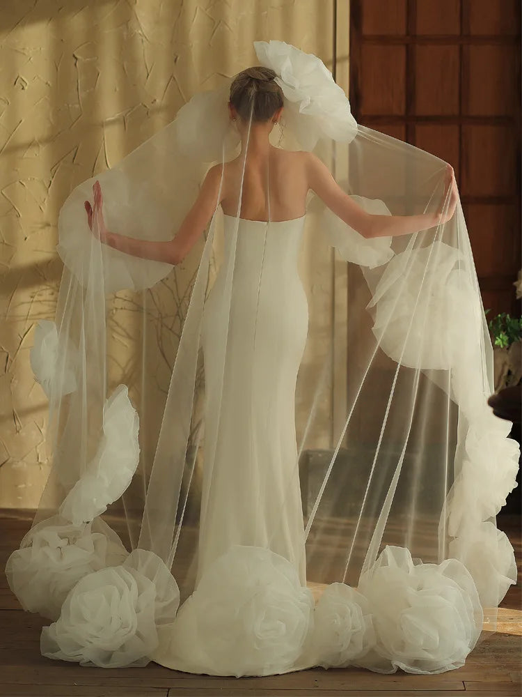 Luxury Long Bridal Veil Rose Flower Lace Wedding Veils For Evening Party Dress Women Girl Hair Accessories Brides Jewelry