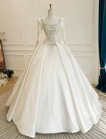 Customzied square collar long sleeve satin beaded wedding dress vestidos de novia amanda novias amanda novias official