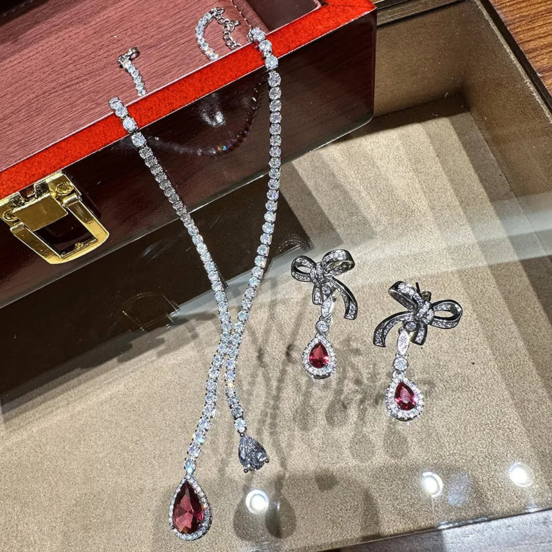 Vintage AAA Zircon Bridal Earrings Red CZ Zirconia Wedding Earring For Brides Women Accessories Dinner Party Dress Jewelry