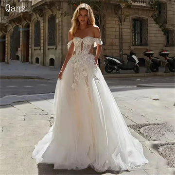 Qanz Bohemia Appliques Wedding Dresses Off-Shoulder Long Robe Mariage Princesse Femme A Line Tulle Vestidos Elegantes Para Muje