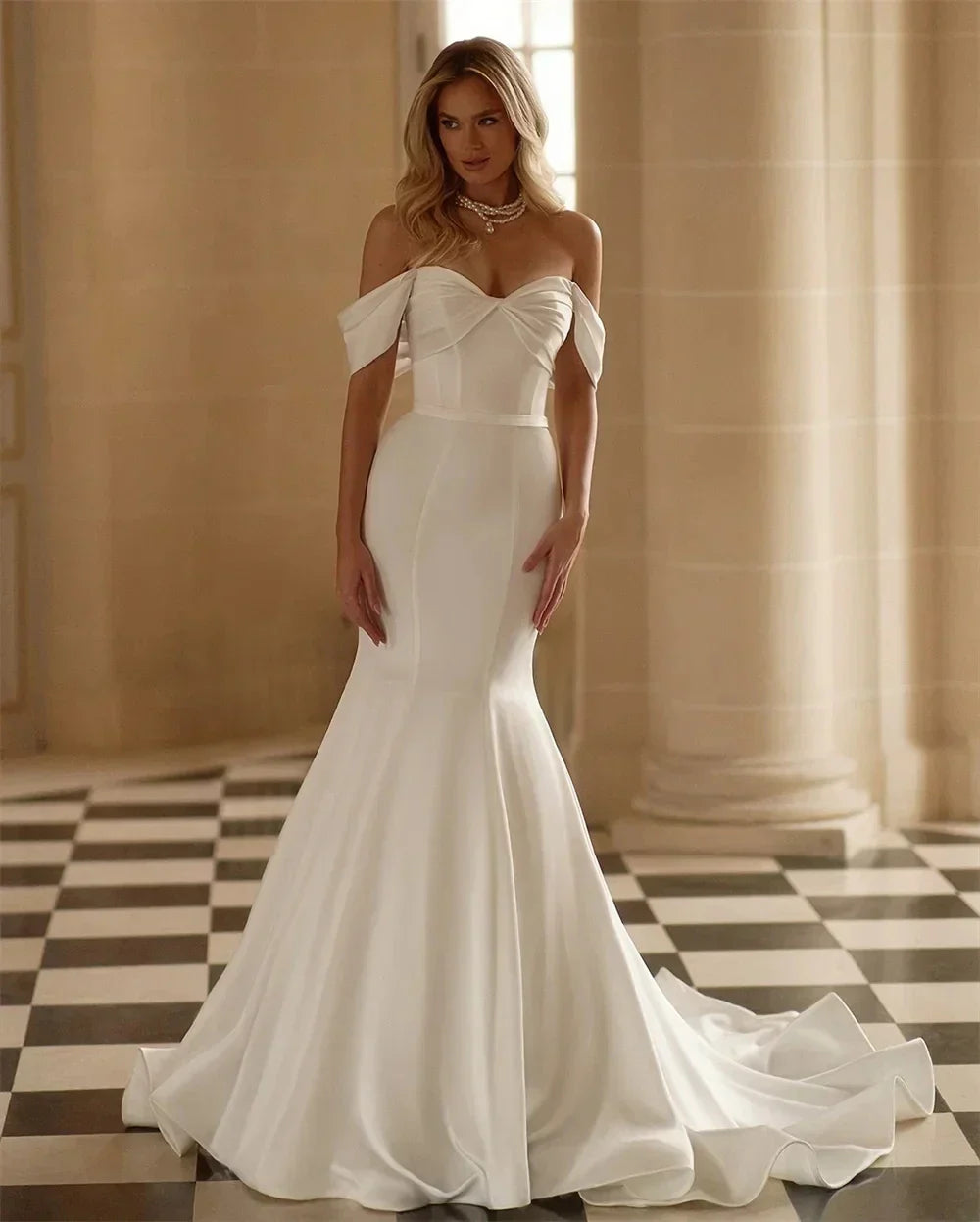 Elegant Satin Mermaid Wedding Dress Detachable Train Simple Off Shoulder Sweetheart Princess Bridal Gowns