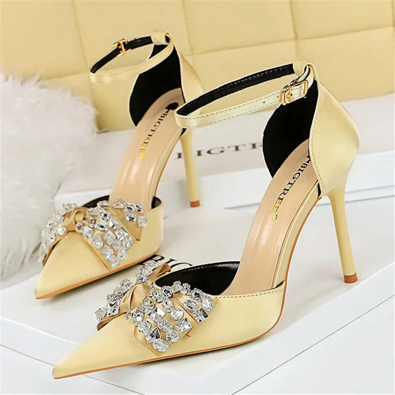 Summer 10cm crystal rhinestone butterfly knot women high heels sandals gold silk satin stripper event – Pollyanna Events