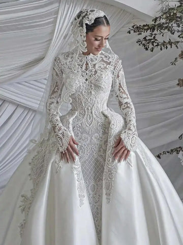 Customzied High collar Long Sleeve Mermaid wedding dress Detachable tail Lace Bridal Gown vestidos de novia amanda novias offi
