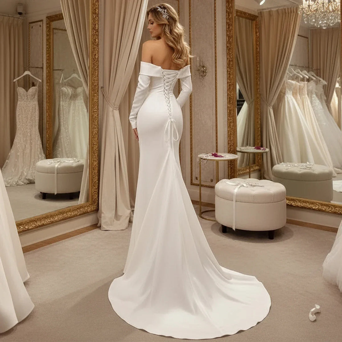 Elegant Mermaid Off Shoulder Wedding Dresses For Women Long Sleeve Backless Satin Bridal Party Gown With Slit Vestidos Novia