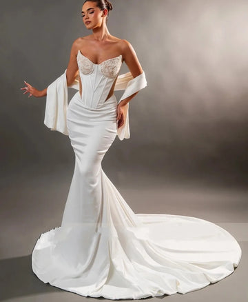 Elegant Mermaid Wedding Dress Strapless Lace Appliques Cut-Out Sleeveless Bridal Dresses Bride Gown vestidos de novia