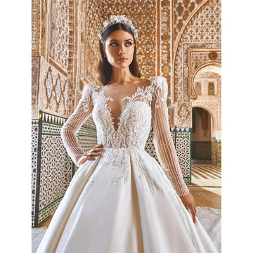 Customized Luxury Elegant Satin Ball Gown Wedding Dresses Lace Applique Tulle V Neck Long Sleeve Bridal Gowns Vestidos De Novia