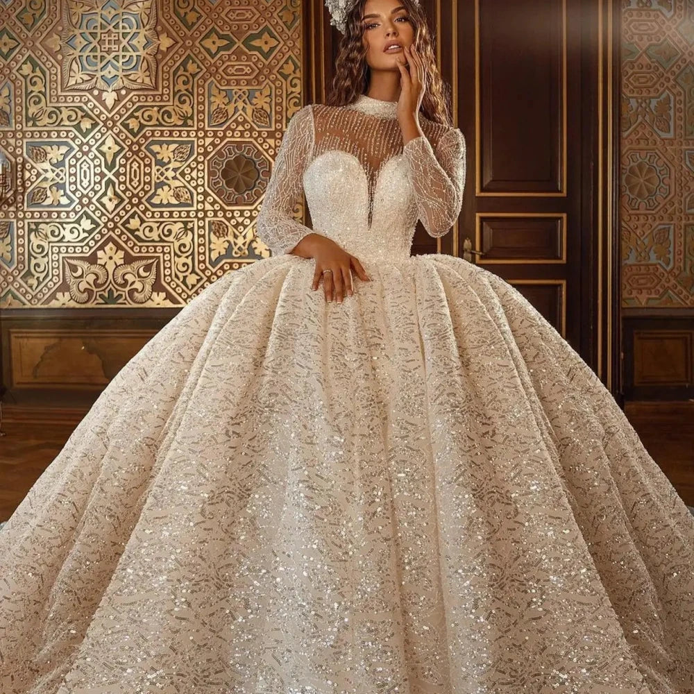 Плюс розмір прополки сукні блискучі кульові сукні нареченої халат витончений високий шийка для підлоги весільні сукні Vestidos de novia