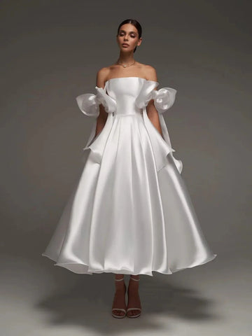 Off Shoulder Princess Wedding Dress A Line Satin Tea Length Princess Bridal Formal Party Gowns Bride Dress Vestidos De Noiva