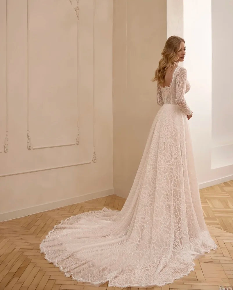 Vestidos de novia Sexy wedding dress, boat-neck long-sleeved A-line dress, women's wedding dress Customized