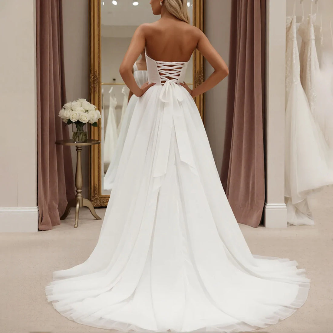 Romantic Strapless Tulle Ball Gown Wedding Dresses For Women Vestidos Novia Long Pleated Backless Bridal Party Gown With Train