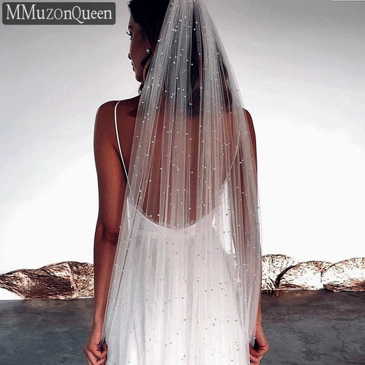 MMQ M61 Beaded Bridal Wedding Veil with Comb 1 Tier Tulle Civil Bride  Accessories Waist Length Pearls Veils for Girlfriend