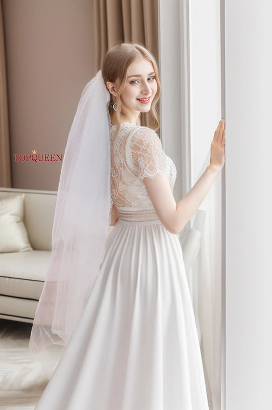 Topqueen V25L Long Bridal Veils 2 couches Simple Elegant Wedding Veil 3m * 5m Extra large et Extra Long Cathedral Veil Soft