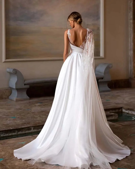 Весільна сукня Bohemia A-Line без спинки з кишеньковою ремінною стрічковою аплікацією Один плечовий весільний сукня O-Oneck Vestido de Novia