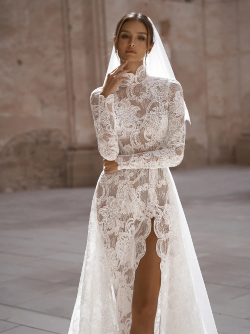 Скромний високий комір з довгими рукавами весільна сукня Класична мереживна весільна сукня Елегантна A-Line Long Bride Robe Vestidos de Novia