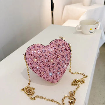 Parlak Rhinestones Kadın Kalp Şekli Debriyaj Çantası Lady Gold Akşam Minaudiere Çantalar Gelin Düğün Çantaları Resmi Parti Çantalar