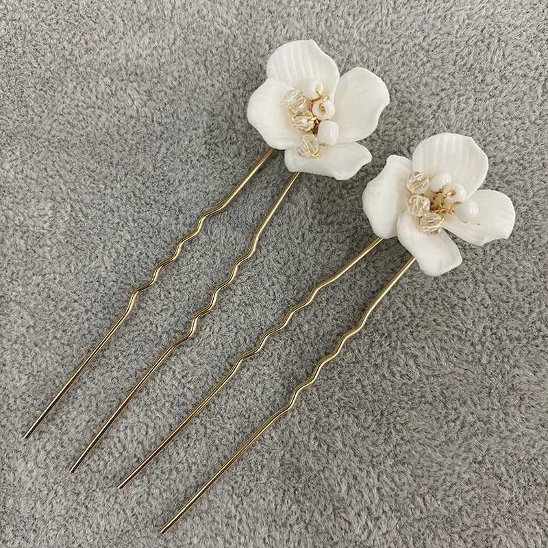 Porcelain Flower Hairpins White Floral Hair Pins Clips For Brides Bridesmaids Head Pieces Wedding Accessories Bridal Jewelry