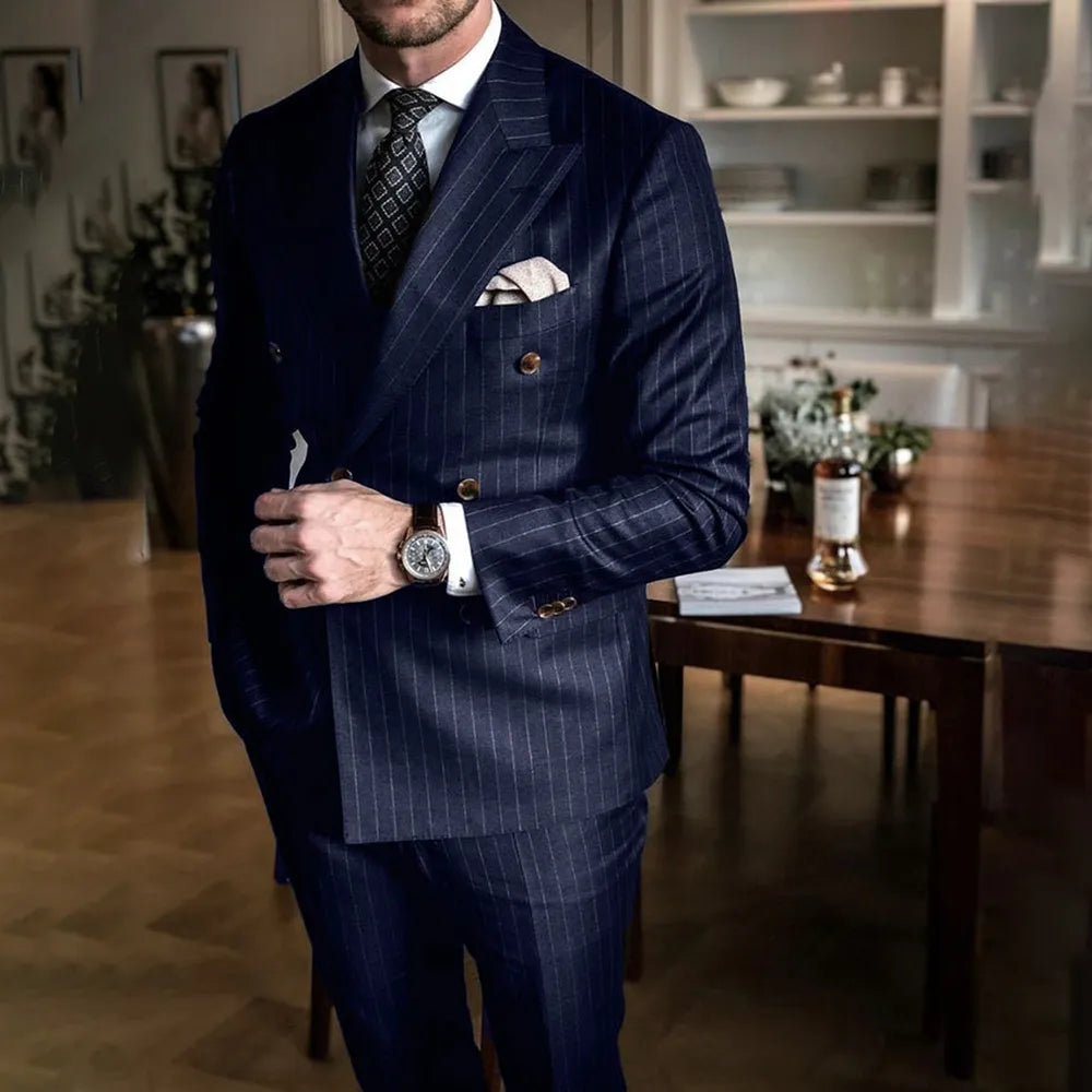 Navy blue striped peak lapel double breasted slim fit men wedding tuxedo blazer pants 2 piece – Pollyanna Events