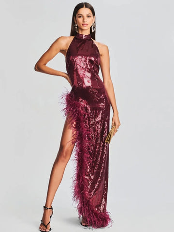 Sexy Halter Luxury Feather Sequin Long Dress Women Wine Red Sleeveless Backless High Slit Maix Dress Celebrity Evening Christmas