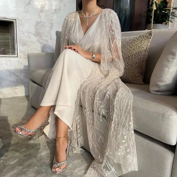 Luxury Beige White Evening Dress With Muslim Women Wedding Party Gown SS310