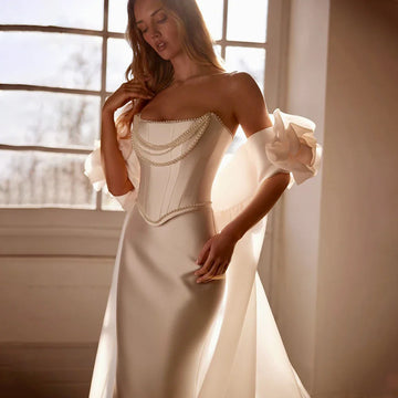 Customized Strapless Mermaid Wedding Dress Floor Length Removable Skirt Bridal Gown Back Corset Bohemian Style for Brides