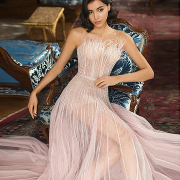 Luxury Blush Pink Feathers Dubai Evening Dress for Women Wedding Party Arabic Long Elegant Formal Prom Dresses SS401