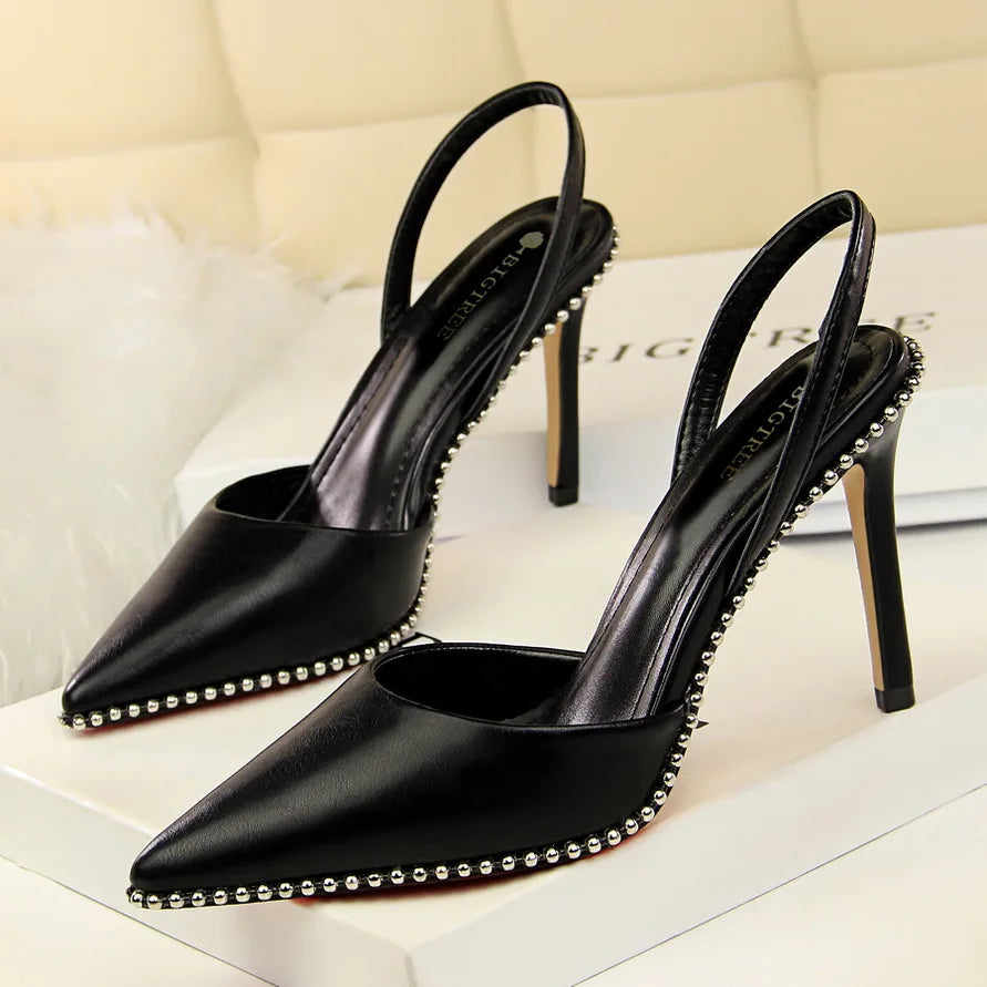 9cm pointed toe slingback flock rivets pumps women gladiator strap nightclub high heels sandals – Pollyanna Events