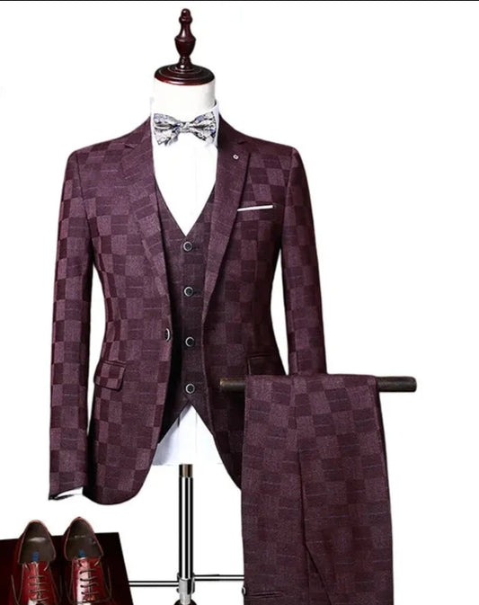 ( Jacket+Vest+Pants ) Boutique Fashion Plaid Men's Casual Business Office Suit Three Piece Set Groom's Wedding Dress Slim Suits