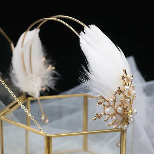 White Feather Tiara Headband Wedding Hair Accessories For Girl Women Crowns Fashion Pearl Tiaras Korona Branches Hair Ornaments