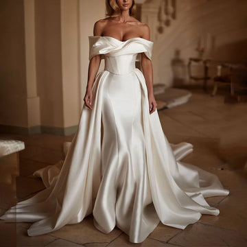 Simple Pleated Detachable Train Sheath Wedding Dress For Women Off Shoulder Mermaid Satin Long Bridal Party Gown Vestidos Novia