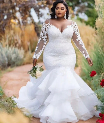 Plus size mermaid wedding dress 2026 sheer neck long sleeves lace appliques ruffles tiered African bridal gown – Pollyanna Events
