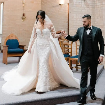 customized Mermaid Wedding Dresses Detachable Train Lace Appliques Bride Dress Long Sleeve Vestidos De Novia Robe De mariee