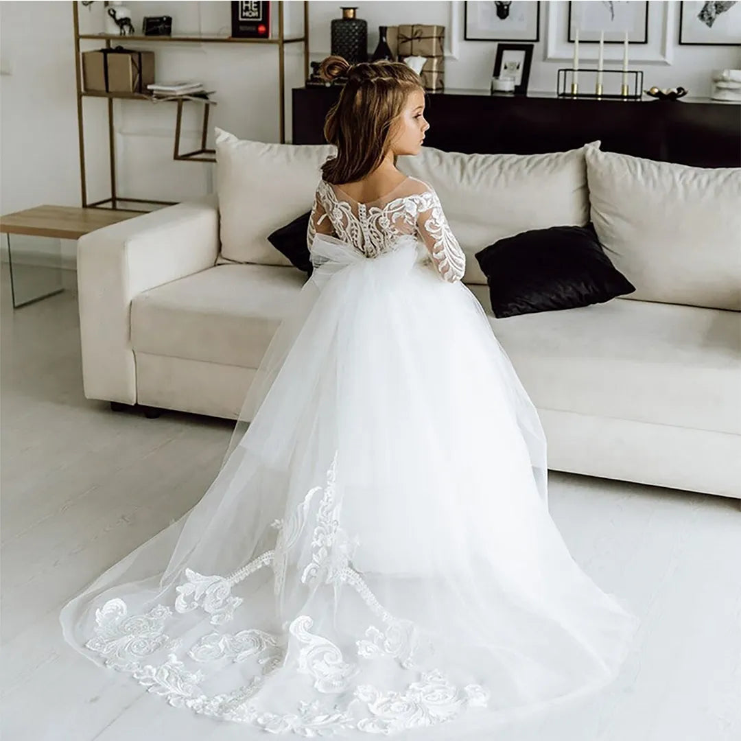 FATAPAESE White Kids Bridesmaid Dress for Girls Flower Long Sleeve Floral Lace Tulle A Line Gown Appqulies Wedding Even 2022