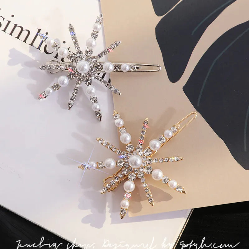 Luxe glanzende kristalsterren Hair Clips Rhinestone Snowflake Pearl Hairpin vrouwen bruiloft haar ornament sieraden haaraccessoires