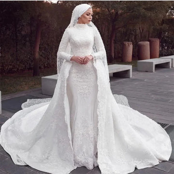 Customized Muslim Mermaid Wedding Dress With Detachable Train Applique Lace Bridal Dress High Neck Long Sleeve vestidos de novia