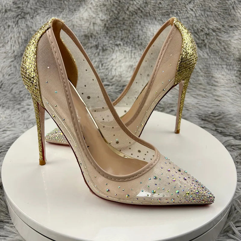 12cm sequin gold designer high heels silver rhinestone pointed toe pumps diamond mesh shoes – Pollyanna Events