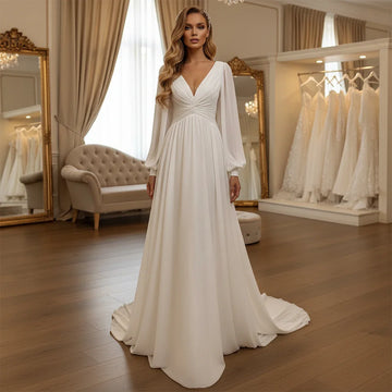 Elegant Chiffon V Neck Wedding Dress For Women Long Sleeve A Line Bridal Gown For Bride Pleated Ball Gown For Party