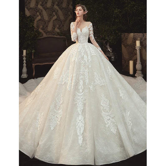 Long Sleeve Beading Sequins Applilques Lace Ball Gown Wedding Dress