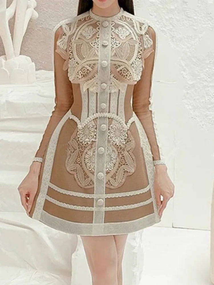 SMTHMA High Quality Luxury Design Vintage Lace Patchwork Runway Dress Women's Mesh Long Sleeve Elegant Dresses Female Clothing