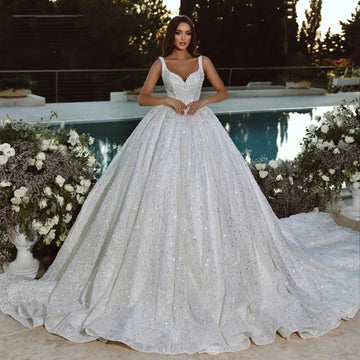 Customized  Luxury Sequins Beading Wedding Dress Sweetheart Princess Spaghetti Straps Bridal Gown Bride Dress Vestido De Novia