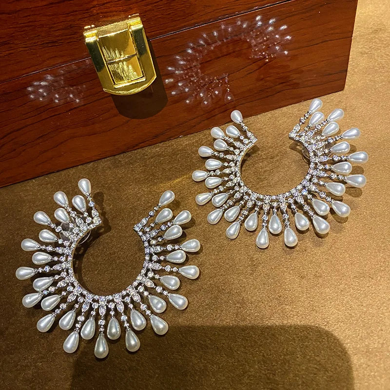 High Quality Zircon Bridal Earrings Big Pearl Zirconia Wedding Earring For Brides Accessories Women Evening Party Dress Jewelry