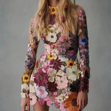 Bloemen borduurwerk elegante luxe dames mini -jurk half hoge kraag jurken met lange mouwen 2024 lenteavond feestje damesvestido