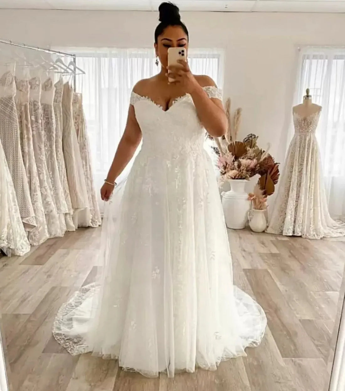 Plus size A-line off shoulder lace appliques zip back gorgeous bridal gown wedding dress – Pollyanna Events