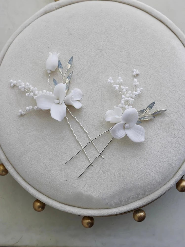 Wedding Accessories Porcelain Flower Head Piece Opal Gold Silver Color Hairpin Brides Bridesmaids Hair Clip Pin Bridal Jewelry