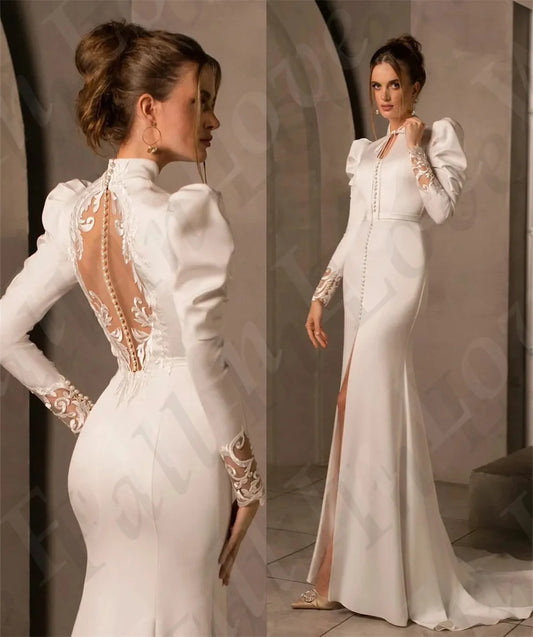 Vestidos de noiva brancos da primavera 2024 Novo pescoço alto de mangas compridas Botões de renda de renda Mermaid Cetina Vestido de Vestido