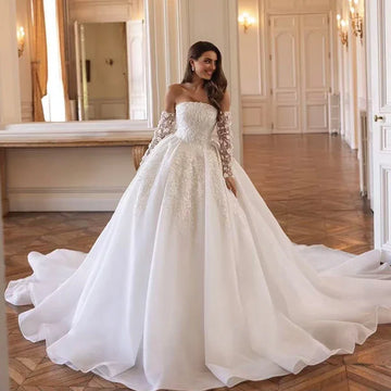 Customized Strapless Long Sleeve Ball Gown Wedding Dress 2025 Luxury Appliques Beading Princess Bridal Gown Vestidos De Novia